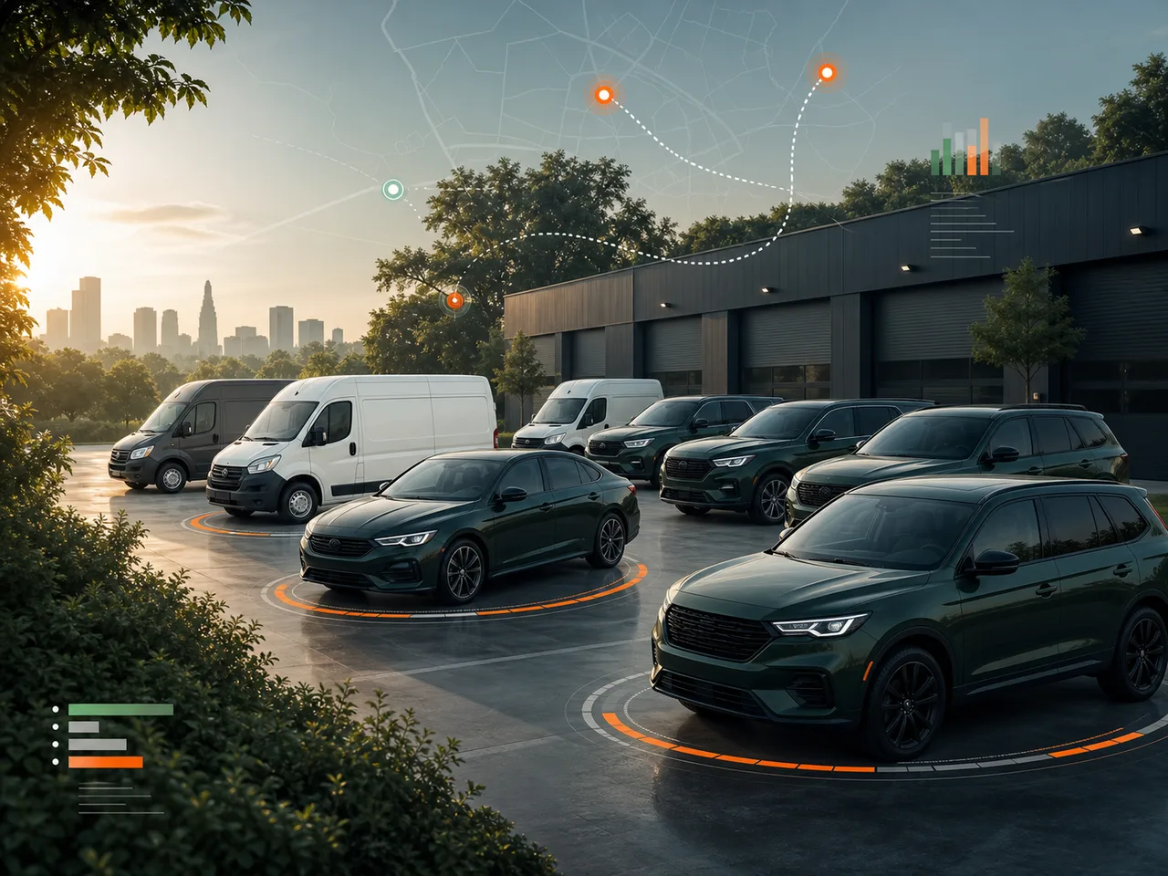 A coordinated business fleet with route and readiness indicators