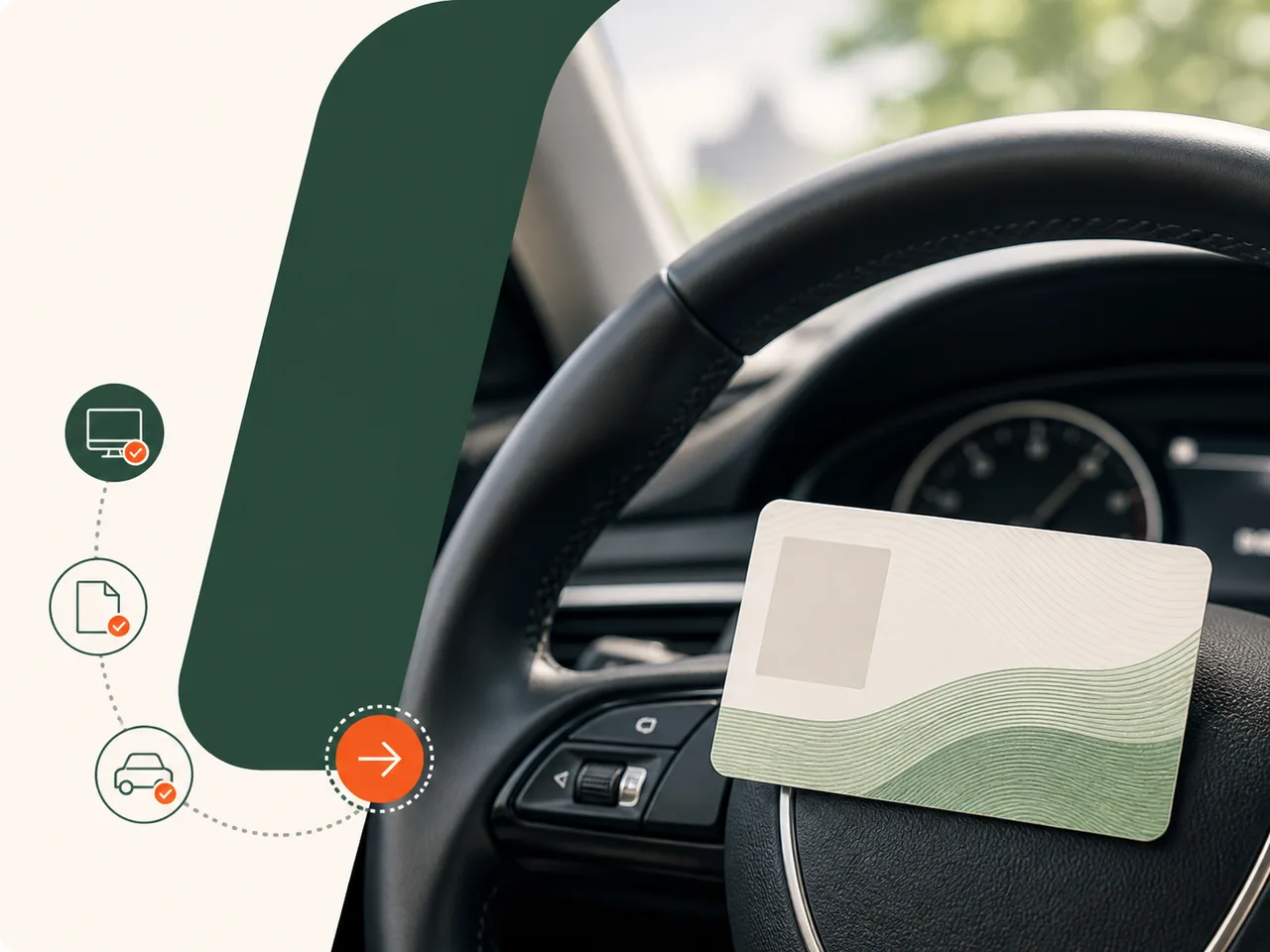 A generic licence card and steering wheel representing driver's licence renewal