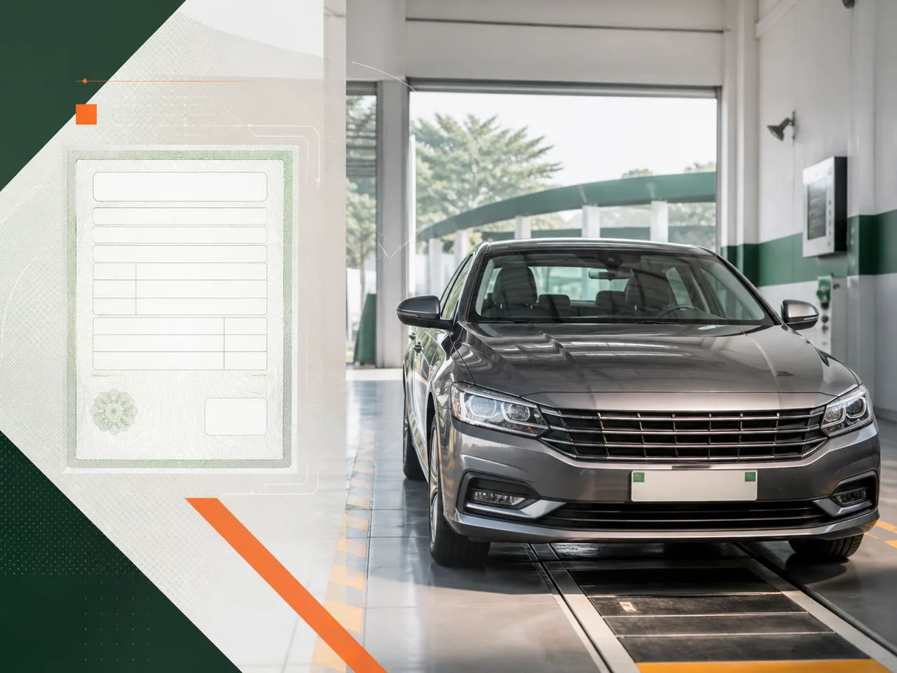 A new sedan in a vehicle inspection bay representing registration