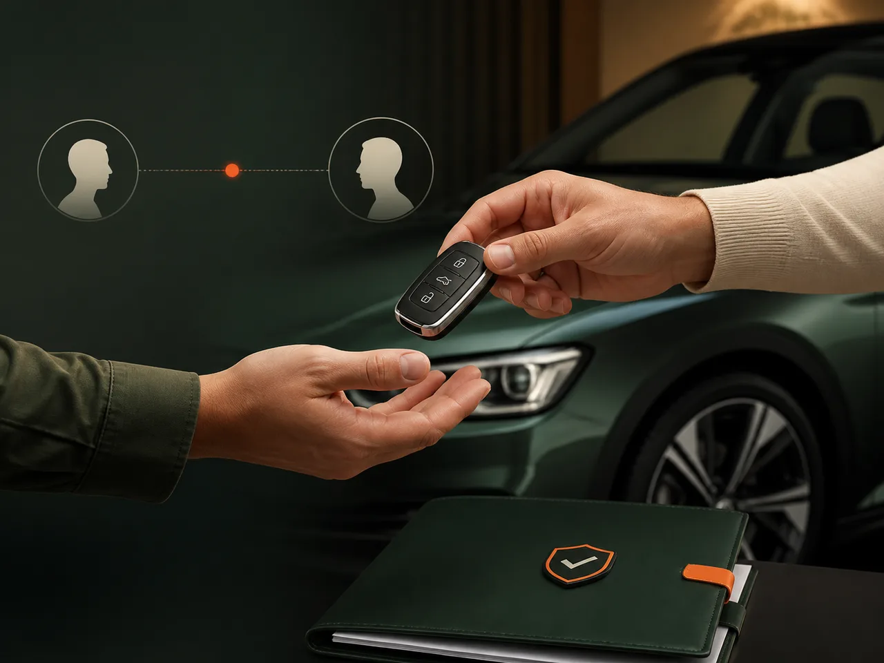 A secure car-key handover representing vehicle ownership transfer